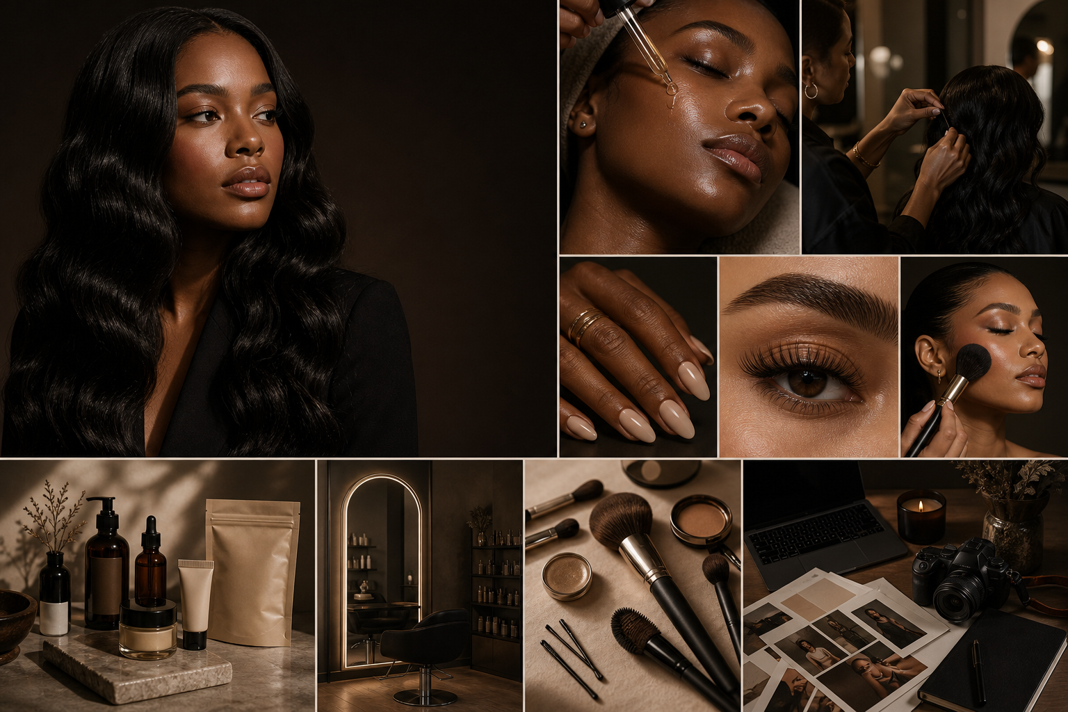 Editorial collage representing hair, makeup, nails, skincare, vendors, and beauty creatives.
